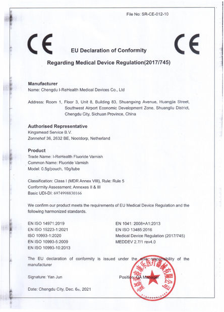 China Chengdu I-ReHealth Medical Devices Co., Ltd certificaten